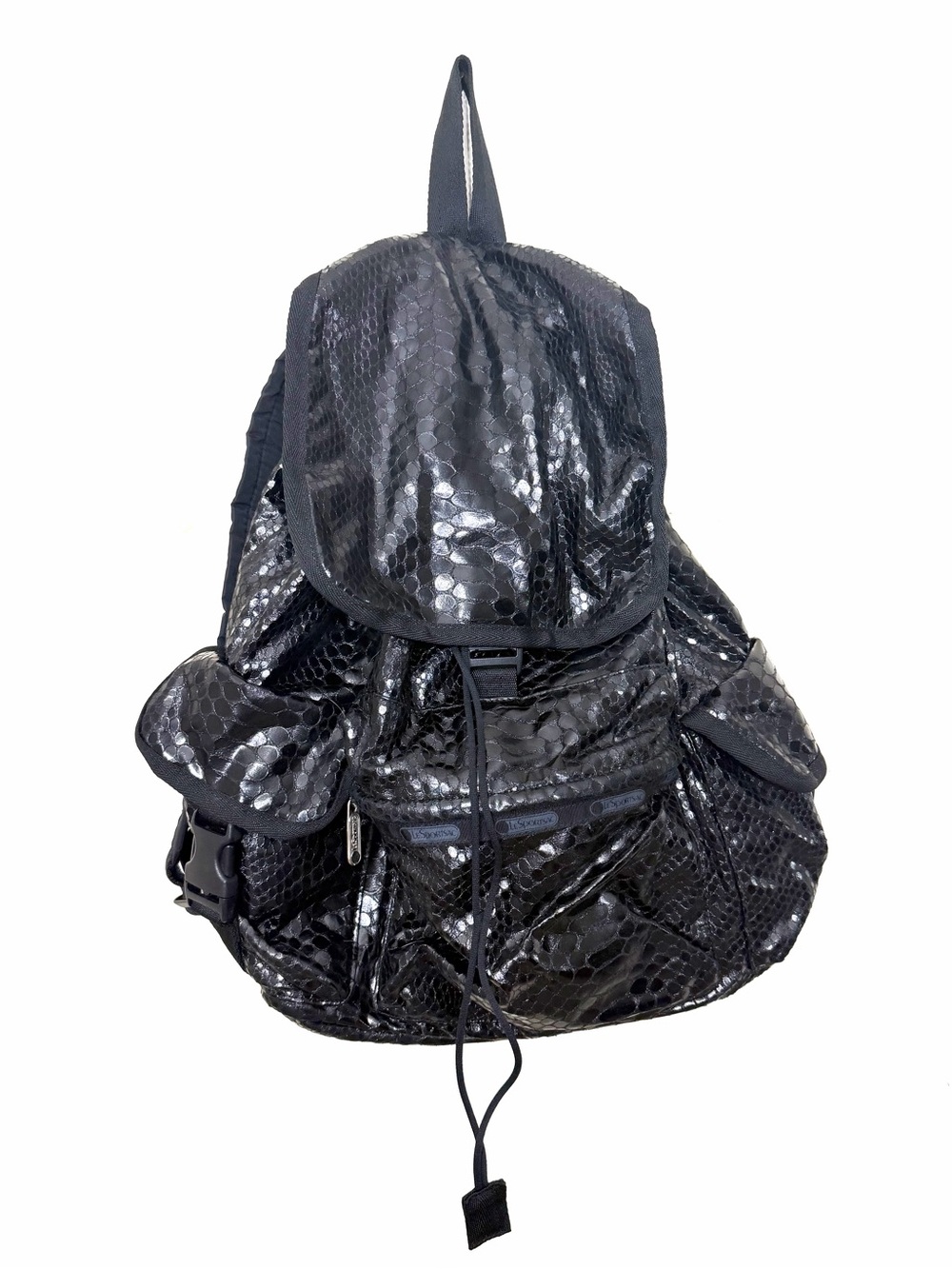 LeSportsac Voyager Backpack black glossy textured foil snake print